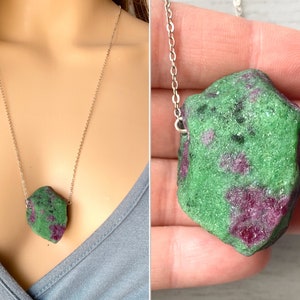 Raw Ruby Necklace, Rough Ruby Zoisite Necklace, Big Ruby Pendant Necklace, July Birthstone Necklace Natural Ruby Zoisite Jewelry EXACT STONE