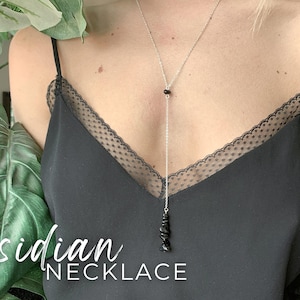 BLACK OBSIDIAN NECKLACE, Long Gemstone Lariat Necklace, Empath Protection Necklace, Black Crystal Necklace, Black Stone Necklace for Her