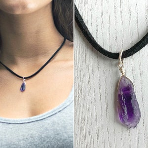 RAW Amethyst Jewelry Amethyst Crystal Necklace Black Cord Amethyst Choker, Purple Stone Pendant, Purple Crystal Necklace February Birthstone