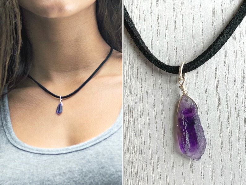 Amethyst Gemstone Necklace Unique February Birthstone Necklace Purple Stone Pendant Amethyst Choker Necklace Black Cord Amethyst Pendant