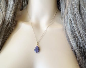 Collar de lepidolita de plata de ley, colgante de cristal de gema púrpura hecho a mano, joyería de lepidolita dorada, collares para mamás, regalos para madres primerizas