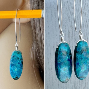 RAW Azurite Earrings Sterling Silver Wrapped Blue Stone Earrings, Azurite Stone Jewelry, Blue Crystal Gemstone Dangle Earrings EXACT PAIR