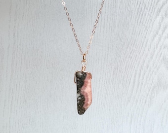 Genuine Rhodonite Necklace Silver, Handmade Pink Stone Pendant Gold, Rhodonite Jewelry, Heart Chakra Necklace, Crystal Necklace for Her