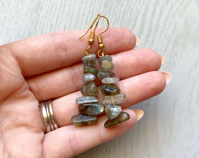 RAW LABRADORITE EARRINGS Gold or Silver Crystal Earrings, Raw Rainbow Gemstone Dangle Earrings, Protection Stone Earrings, Boho Gem Earrings