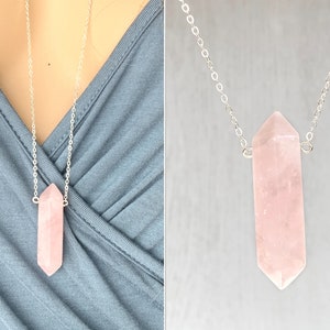 Rose Quartz Necklace, Raw Rose Quartz Crystal Pendant Necklace Sterling Silver, Pink Gemstone Jewelry, Big Pink Stone Necklace Gold Filled