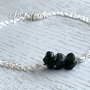 Raw Obsidian Bracelet, Black Gemstone Bracelet, Obsidian Jewelry, Raw Stone Bracelet Silver Protection Bracelet, Tiny Black Crystal Bracelet