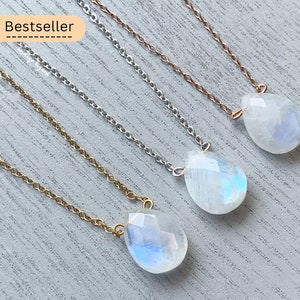 Simple Moonstone Necklace Tear Drop Crystal Necklace, Rainbow Moonstone Pendant Layering Necklace Sterling Silver Rose 14k Gold Filled Chain