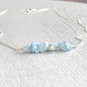 Aquamarin Halskette, Blauer Kristall Perlen Halskette Silber, Blaue Edelstein Halskette für Frauen, Echter Aquamarin Schmuck, März Birthstone
