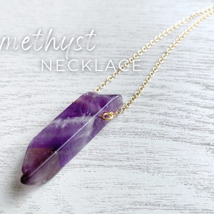 Amethyst Necklace Gold Chain, Long Crystal Necklace, Purple Crystal Pendant, Raw Amethyst Necklace Christmas Gift for Wife Girlfriend Sister