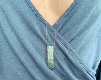 Healing Prehnite Necklace, Raw Prehnite Crystal Necklace, Crystal Healing Gift, Long Stick Point Crystal Prehnite Necklace, Stone Necklace