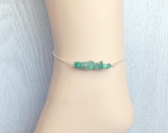 AVENTURINE ANKLET Sterling Silver, Handmade Green Crystal Bracelet Gold Aventurine Jewelry, Green Gemstone Ankle Bracelet, Metaphysical Gift