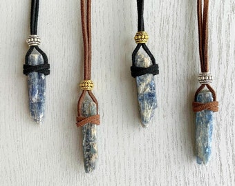 Blue Crystal Long Cord Necklace Men or Women Raw Crystal Necklace Indigo Kyanite Necklace, Bohemian Gemstone Necklace Throat Healing Jewelry