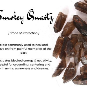 May include: A close-up of a pile of smoky quartz crystals. The crystals are brown and have a pointed shape. The text "Smokey Quartz [stone of Protection]" is visible in the image. The text below describes the properties of smoky quartz.