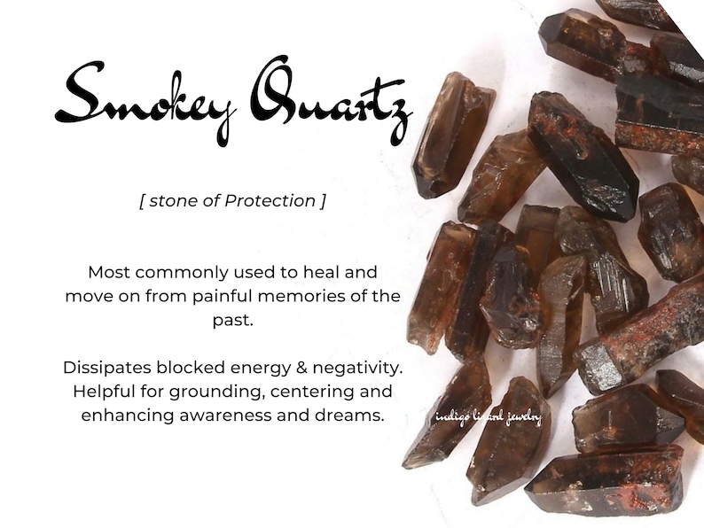 May include: A close-up of a pile of smoky quartz crystals. The crystals are brown and have a pointed shape. The text "Smokey Quartz [stone of Protection]" is visible in the image. The text below describes the properties of smoky quartz.