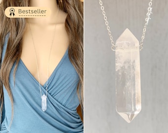 Large Double Terminated Clear Quartz Necklace, Big Stone Necklace, Christmas Gift for Mom, Wife, Sister Quartz Pendant, Big Crystal Necklace