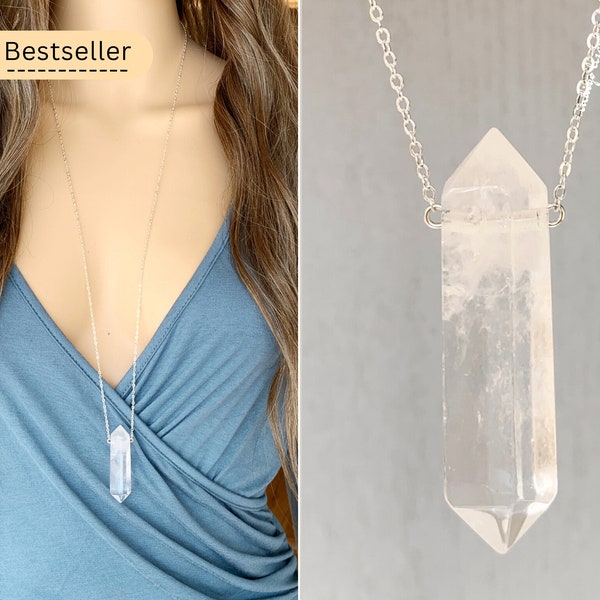 Large Double Terminated Clear Quartz Necklace, Big Stone Necklace, Christmas Gift for Mom, Wife, Sister Quartz Pendant, Big Crystal Necklace