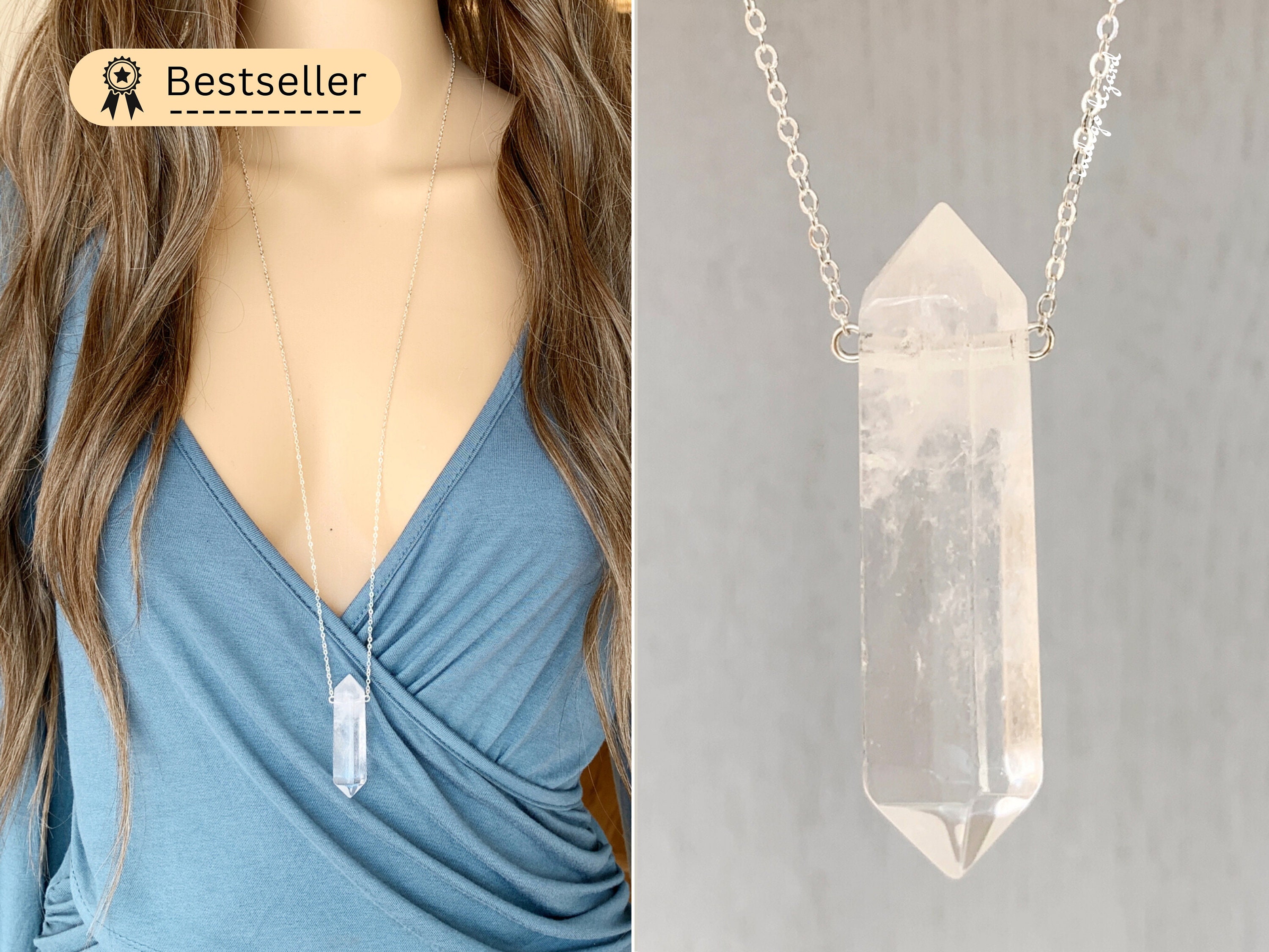 Large Double Terminated Clear Quartz Necklace, Big Stone Necklace, Christmas Gift for Mom, Wife, Sister Quartz Pendant, Big Crystal Necklace