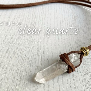 CLEAR QUARTZ NECKLACE Long Crystal Necklace Black Cord, Crystal Healing Necklace, Boho Gemstone Necklace, Raw Quartz Necklace for Men, Women