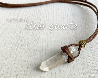 CLEAR QUARTZ NECKLACE Long Crystal Necklace Black Cord, Crystal Healing Necklace, Boho Gemstone Necklace, Raw Quartz Necklace for Men, Women