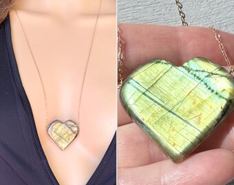 Collar de piedra de corazón grande, llamativo collar de labradorita dorado o plateado, collar curativo arcoíris, joyería de labradorita auténtica, PIEDRA EXACTA