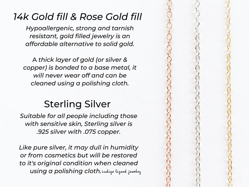 May include: Close-up of three chains, one rose gold, one silver, and one gold. The text reads "14k Gold fill & Rose Gold fill" and "Sterling Silver". The text describes the properties of each metal.