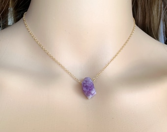 RAW Amethyst Necklace Silver, Handmade Purple Crystal Necklace Gold Fill, Amethyst Jewelry, Small Stone Choker February Birthstone Necklace