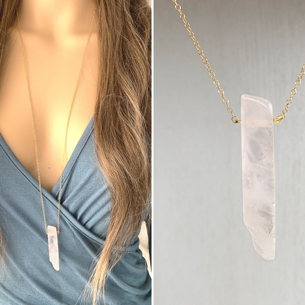 ROSE QUARTZ NECKLACE, Long Rose Quartz Crystal Necklace Gold, Pink Gemstone Necklace, Rose Quartz Pendant Necklace, Raw Rose Quartz Jewelry