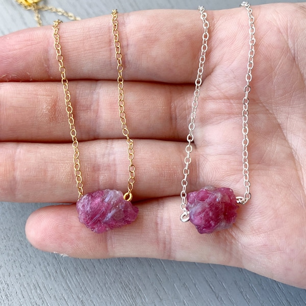 Raw Pink Tourmaline Necklace Silver or Gold, Raw Crystal Jewelry, Pink Stone Necklace, Momma Gifts, October Birthstone Necklace Gift for Her