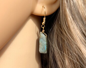 Labradorite Earrings, Labradorite Crystal Earrings, Gemstone Dangle Earrings, Empath Earrings, Protection Earrings, Raw Stone Drop Earrings