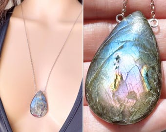 Labradorite Pendant, Flashy Labradorite Necklace Gold or Sterling Silver, Rainbow Healing Necklace, Real Labradorite Jewelry, ACTUAL STONE