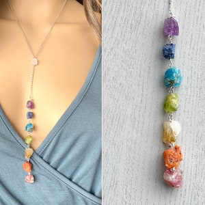 CHAKRA NECKLACE - Seven Chakra Crystal Necklace - Raw Crystal Healing Necklace - Raw Stone Necklace - Rainbow Jewelry - Long Lariat Necklace