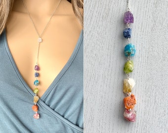 CHAKRA NECKLACE - Seven Chakra Crystal Necklace - Raw Crystal Healing Necklace - Raw Stone Necklace - Rainbow Jewelry - Long Lariat Necklace