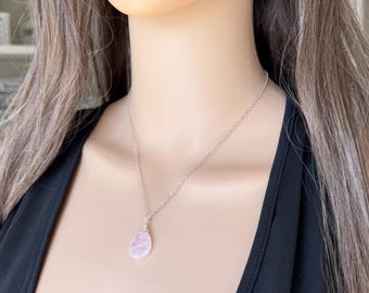 Natural Rose Quartz Necklace Gold, Handmade Pink Gemstone Pendant Necklace for Women, Genuine Pink Quartz Teardrop Crystal Healing Necklace