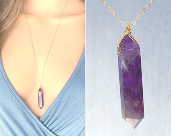 Collar de cristal de amatista de doble punta, colgante envuelto en alambre, piedra de nacimiento de febrero, collar de amatista hecho a mano para mujer, joyería metafísica
