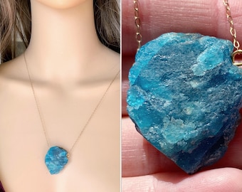 Raw Apatite Necklace, Apatite Crystal Necklace, Blue Stone Necklace Silver, Chakra Necklace, Real Apatite Jewelry, Rough Stone ACTUAL STONE