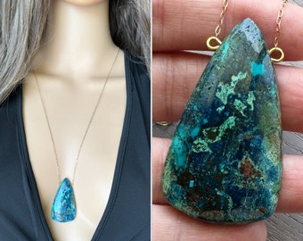 Chrysocolla Azurite Necklace, Raw Chrysocolla Pendant Necklace, Chrysocolla Jewelry Silver or Gold Natural Crystal Necklace EXACT STONE