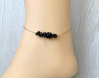 RAW OBSIDIAN ANKLET Black Crystal Beaded Anklet Gold, Simple Anklet for Women, Real Gemstone Ankle Bracelet Silver, Empath Healing Jewelry