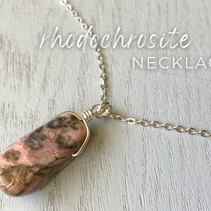 Rhodochrosite Necklace Silver or Gold Pink Stone Pendant Necklace, Rhodochrosite Jewelry, Heart Chakra Necklace, Crystal Necklace for Her