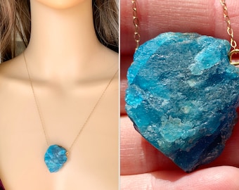 Raw Apatite Necklace, Apatite Crystal Necklace, Blue Stone Necklace Silver, Chakra Necklace, Real Apatite Jewelry, Rough Stone ACTUAL STONE