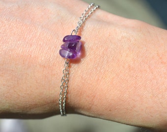 Pulsera de amatista en plata de ley, pulsera de cristal morado auténtico en oro de 14 quilates, joyería de amatista en bruto, pulsera con piedra de nacimiento de febrero en oro rosa.