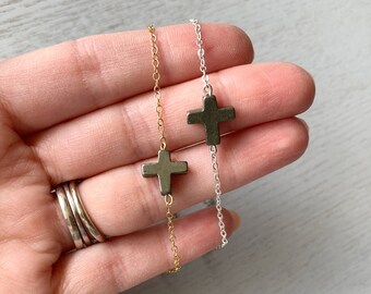 Pyrite Cross Bracelet: Raw Gemstone Sterling Silver Anklet
