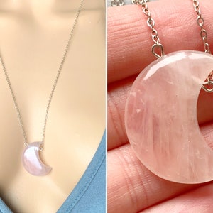 Big Pink Crystal Necklace, Rose Quartz Pendant, Crescent Moon Necklace Pink Stone Necklace, Love Healing Crystal Necklace Silver EXACT STONE
