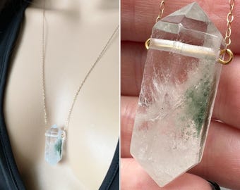 Lodolite Necklace, Raw Garden Quartz Necklace, Scenic Quartz Crystal Necklace, Phantom Quartz Pendant, Clear Quartz Necklace with Inclusions