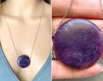 Collar grande de lepidolita, relleno de oro de calidad, plata de ley, piedra de protección empática, colgante de lepidolita cruda, piedra preciosa de curación emocional