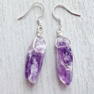 Raw Amethyst Crystal Earrings Silver Purple Gemstone Earrings Gold, February Birthstone Earrings, Purple Dangle Earrings, Birthday Gifts