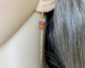 Raw Gemstone Dangle Earrings: Citrine, Carnelian & Tourmaline, 14k Gold Filled
