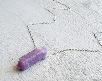 Small Lepidolite Double Point Crystal Necklace Gold, Handmade Purple Gemstone Pendant Sterling Silver, Raw Lepidolite Jewelry Gifts for Mom