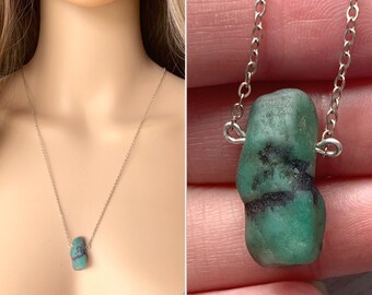 Raw Emerald Necklace Silver or Gold Real Emerald Pendant Necklace, Green Stone, May Birthstone Necklace Raw Emerald Jewelry, ACTUAL STONE