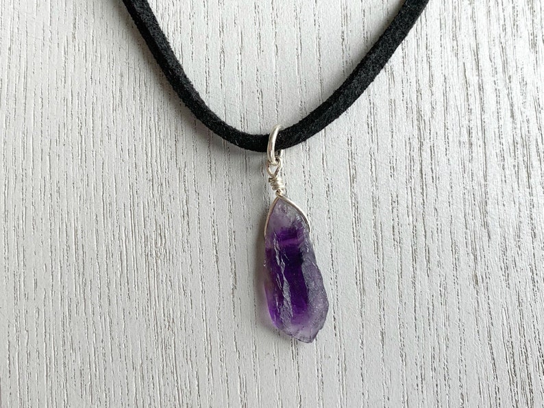 Amethyst Gemstone Necklace Unique February Birthstone Necklace Purple Stone Pendant Amethyst Choker Necklace Black Cord Amethyst Pendant