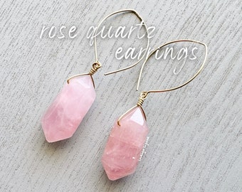 Rose Quartz Crystal Earrings 14k Gold Pink Gemstone Dangle Drop Earrings for Woman, Love Stone Earrings, Romantic Gift for Her EXACT PAIR
